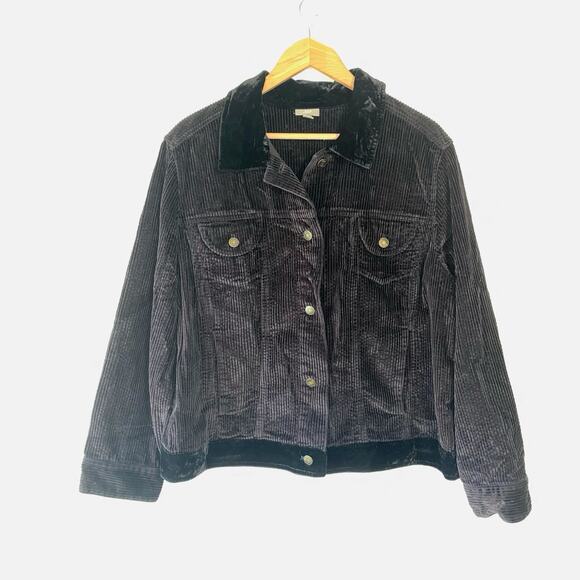 J Jill Black Corduroy Trucker Jacket SZ 2X Velvet Collar Trim Casual Preppy - Picture 1 of 9